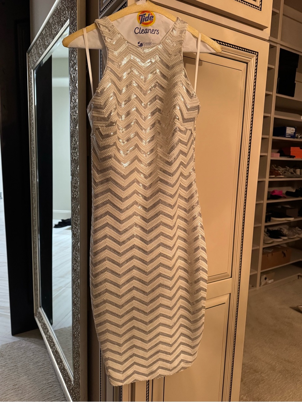 Cache White Sequin Chevron Midi Dress